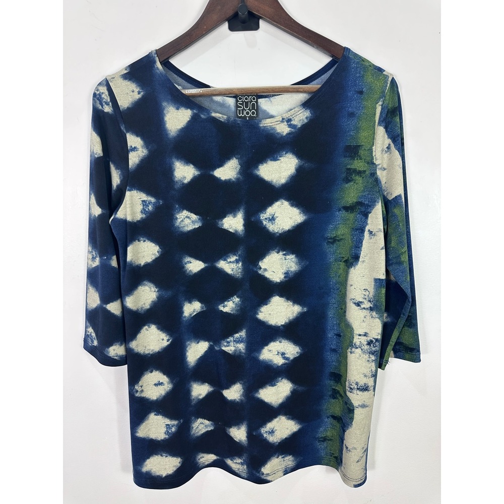 Clara‎ Sunwoo Womens Blue Green Shibori Diamond Tie Dye 3/4 Sleeve Top Small